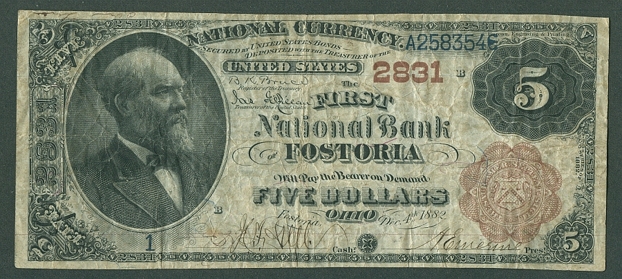 Fostoria, OH, Ch.#2831, 1882BB $5, Serial No. 1, VF